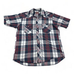 Vintage Wrangler Western Shirt Adult LARGE Gray Burgundy 80s Plaid Pearl Snap